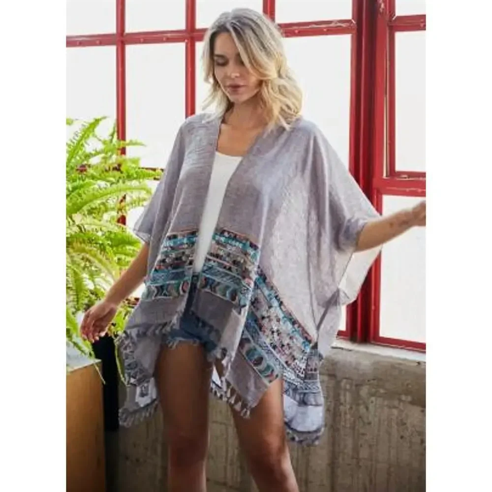 New! RAJ Aztec Embroidered Tassel Trim Beach Cover-up Boho Kimono Shawl Wrap